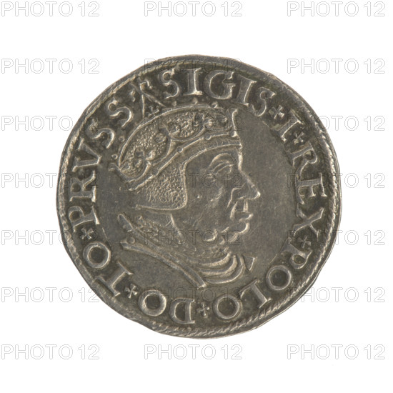 Gdansk troika, Sigismund I the Old (King of Poland; 1506–1548), Sigismund I the Old (King of Poland; 1467–1548) - iconography, Polish coins, male busts, Gdansk (Pomeranian Voivodeship), Gdansk (coat of arms), Jagiellonians (dynasty), city coats of arms, royal bust (iconographic). Obv.: Crowned male bust in profile turned to the right, inscription around the rim: .SIGIS.I.REX.POLO.DO.TO.PRVSS. Rev.: Inscription in five lines around the rim, date separated by a shield with the coat of arms of Gdansk: .III./GROSS:AR./TRIP:CIVI:/GEDANEN:/.15 - 38., 1538. Poland, Gdansk, coin