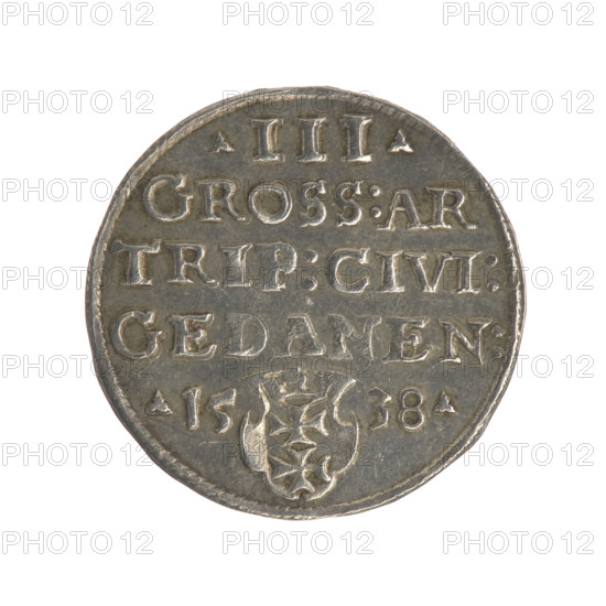 Gdansk troika, Sigismund I the Old (King of Poland; 1506–1548), iconography, Polish coin, male busts, Gdansk (Pomeranian Voivodeship), Gdansk (coat of arms), Jagiellonians (dynasty), city coats of arms, royal bust (iconographic). Obv.: Crowned male bust in profile turned to the right, inscription around the rim: .SIGIS.I.REX.POLO.DO.TO.PRVSS. Rev.: Inscription in five lines around the rim, date separated by a shield with the coat of arms of Gdansk: .III./GROSS:AR./TRIP:CIVI:/GEDANEN:/.15 - 38. 1538. Poland, Gdansk, coin