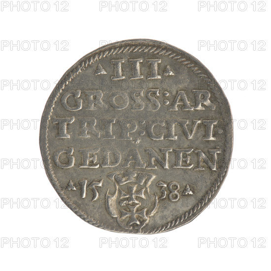 Gdansk trojak, Sigismund I the Old (King of Poland; 1506–1548). Obverse: Crowned male bust in profile turned right, inscription around the rim: .SIGIS.I.REX.POLO.DO.TO.PRVSS. Reverse: Inscription in five lines around the rim, date separated by a shield with the coat of arms of Gdansk: .III./GROSS:AR/TRIP:CIVI:/GEDANEN:/.15 - 38. 1538. Gdansk (Pomeranian Voivodeship), Poland. Coin; iconography includes Polish coins, male busts, Gdansk coat of arms, Jagiellonian dynasty, city coats of arms, royal bust.