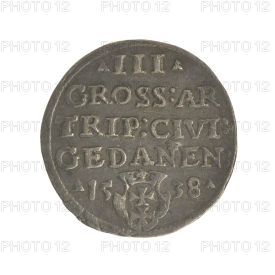 Gdansk trojak, Sigismund I the Old (King of Poland; 1506–1548), iconography, Polish coin, male bust, Gdansk (Pomeranian Voivodeship), Gdansk (coat of arms), Jagiellonian dynasty, city coats of arms, royal bust. Obv.: Crowned male bust in profile turned to the right, inscription around the rim: .SIGIS.I.REX.POLO.DO.TO.PRVSS. Rev.: Inscription in five lines around the rim, date separated by a shield with the coat of arms of Gdansk: .III./GROSS:AR/TRIP:CIVI./GEDANEN/.15 - 38., 1538. Poland, Gdansk, coin