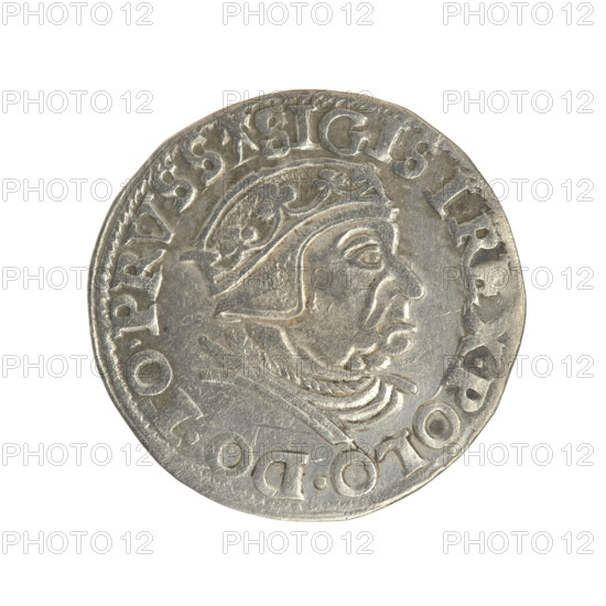 Gdansk trojak, Sigismund I the Old (King of Poland; 1506–1548). Obverse: Crowned male bust in profile turned right, inscription around the rim: .SIGIS.I.REX.POLO.DO.TO.PRVSS. Reverse: Inscription in five lines around the rim, date separated by a shield with the coat of arms of Gdansk: .III./GROSS.AR./TRIP:CIVI/GEDANEN/.15 - 38. 1538. Coin, Poland, Gdansk.