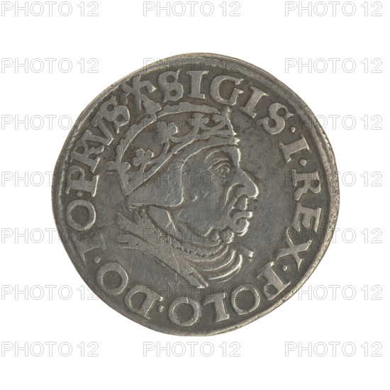 Gdansk trojak, Sigismund I the Old (King of Poland; 1506–1548). Obverse: Crowned male bust in profile turned to the right; inscription around the rim: .SIGIS.I.REX.POLO.DO.TO.PRVS. Reverse: Inscription in five lines around the rim, date separated by a shield with the coat of arms of Gdansk: .III./GROSS.AR./TRIP:CIVI./GEDANEN/.15 - 39. Date: 1539. Materials/medium: coin. Iconography: male busts; royal bust; city coat of arms (Gdansk); Jagiellonian dynasty. Location: Gdansk, Poland.