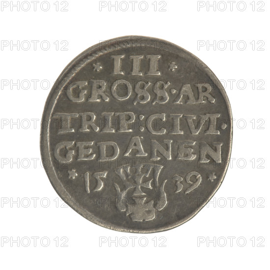 Gdansk trojak, Sigismund I the Old (King of Poland; 1506–1548), Sigismund I the Old (King of Poland; 1467–1548) - iconography, Polish coins, male busts, Gdansk (coat of arms), Gdansk (Pomeranian Voivodeship), Jagiellonians (dynasty), city coats of arms, royal bust. Obv.: Crowned male bust in profile turned to the right, inscription around the rim: .SIGIS.I.REX.POLO.DO.TO.PRVS. Rev.: Inscription in five lines around the rim, date separated by a shield with the coat of arms of Gdansk: .III./GROSS.AR./TRIP:CIVI./GEDANEN/.15 - 39., 1539. Gdansk, Poland, coin