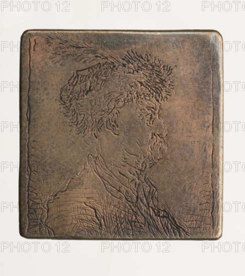 Bust of a nobleman in a cap with a heron feather, Jean Pierre Norblin de la Gourdaine (1745–1830), graphic artist; Henryk Daniel Nether (1760–1819), graphic artist (alleged author of the first state of the engraving signed 'Nether'); Dominik Witke-Jezewski (1862–1944). Subject: portraits, male portrait of Polish nobility in Polish costume, moustache, cap with bird feather; studies of male heads and physiognomic study. States: two states listed by Hillemacher — state I (avant la date) and state II; this print is state II (final state). Date: 1778. Medium: engraving/graphic, graphic matrix/plate. Dimensions: height 1.8 cm, width 1.8 cm, thickness 0.1 cm. In 1918, the print’s value was 3 rubles.
