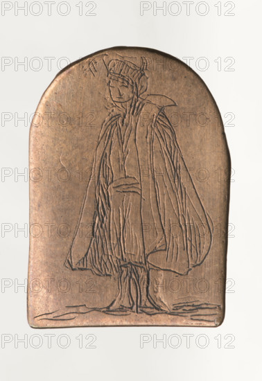 Nobleman in a cap with a feather, Norblin de la Gourdaine, Jean Pierre (1745–1830), ca. 1778–1787, graphic work (print/engraving), graphic matrix/plate; subject: Polish/French nobility, male figure study wearing a cap with a bird feather; dimensions: height 1.7 cm, width 1.3 cm, thickness 0.1 cm; also printed together on one board with an engraving: Woman in a short fur coat.