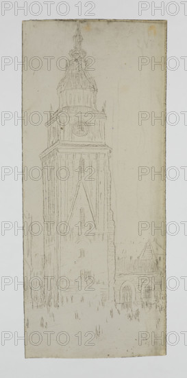 Town hall tower in Krakow with neo-Gothic guardhouse; Jablczynski, Feliks (1865–1928), graphic artist; towers; town halls; architectural studies; architectural views; public buildings; cityscapes; city views; Town Hall (Krakow; Main Market Square); Krakow (Lesser Poland Voivodeship); Polish graphic art; Polish culture; 1920; Warsaw; graphic art; graphic matrix; graphic plate; height 13 cm; width 5.5 cm