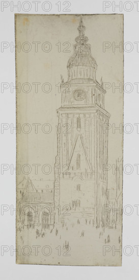 Town hall tower in Krakow with neo-Gothic guardhouse, Feliks Jablczynski (1865–1928), graphic artist; architectural study/cityscape of town halls and public buildings; Town Hall (Krakow; Main Market Square), Krakow (Lesser Poland Voivodeship); Polish graphic art, 1920; graphic matrix/plate; height 13 cm, width 5.5 cm.