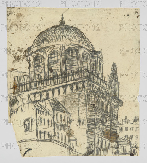 Architectural composition inspired by the finial of the bell tower of St. Anne's Church in Warsaw; Feliks Jablczynski (1865–1928), graphic artist; graphic study of rotundas, domes, towers and architectural views; Polish graphic art, Poland, 1919–1928; graphic matrix/graphic plate; height 9.9 cm, width 8.9 cm