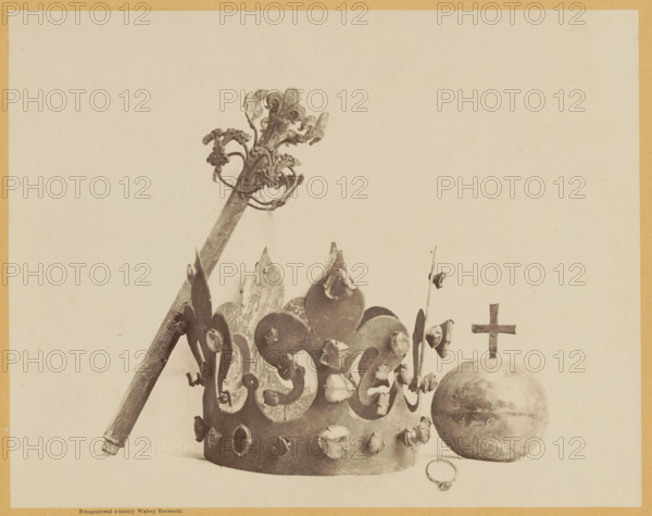 Casimir the Great, King of Poland, crown, scepter, orb and ring taken out during the opening of his tomb at Wawel Castle on 21 June 1869; photographer Walery Rzewuski (1837–1888); Casimir the Great (King of Poland; 1310–1370); regalia: crown (iconographic), scepter (iconographic), rings; photographic documentation, 1869, Kraków, graphics