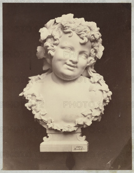 Photograph of Wiktor Brodzki's sculpture 'Laughing Putto'; sculptor Wiktor Brodzki (active ca. 1817/1825/1826–1904); putti (iconography); children's heads; ca. 1868, Rome; photographic print, height 20.5 cm, width 15.8 cm; publisher Suscipj Lorenzo (Rome; photographic studio; 183–1901).