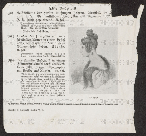 Self-portrait of Eliza Radziwillówna (Eliza Radziwill, 1803–1834), graphic artist; 1832; graphic print; self-portrait; female portrait; height 18.4 cm, width 15.4 cm.