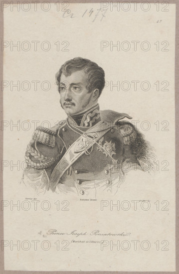 Portrait of Prince Józef Poniatowski; Goulu, Ferdinand Sébastien (1796–1848?), graphic artist; Vernier, Paul-Barthélémy (1830–1861), graphic artist; Lemaitre, Augustin François (1797–1870), publisher; Lasocki, Waclaw (1837–1921); Poniatowski, Józef Antoni (1763–1813) — iconography; portraits; male portrait; Polish, French graphics; bust; 1840; Paris; graphics; height 16.5 cm; width 10.7 cm