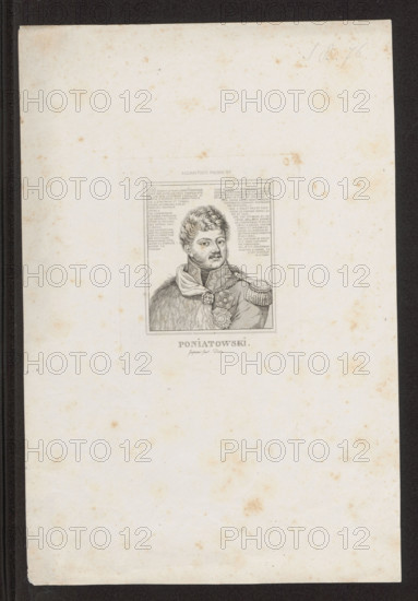 Portrait of Prince Józef Poniatowski; artists: Antoni Oleszczynski (1794–1879) and Fabian Sarnecki (1800–1894); subject: Poniatowski, Józef Antoni (1763–1813) — iconography; artist Waclaw Lasocki (1837–1921) also associated; period: Napoleonic era (1799–1815); type: male portrait, bust; medium/style: Polish graphics, graphic print; date: 1832–1833; dimensions: 11.1 × 9.4 cm and 29.7 × 19.7 cm.