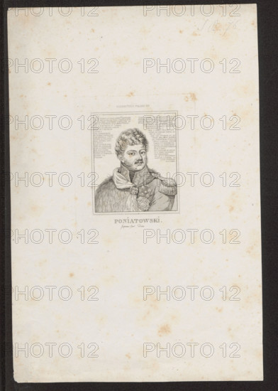 Portrait of Prince Józef Poniatowski; artists: Antoni Oleszczynski (1794–1879), Fabian Sarnecki (1800–1894); subject: Poniatowski, Józef Antoni (1763–1813) — iconography; related person: Waclaw Lasocki (1837–1921); Napoleonic era (1799–1815); male portrait, bust; Polish graphics; Poland; dated 1832–1833; medium: graphic print; dimensions: 11.1 × 9.4 cm and 29.7 × 19.7 cm.