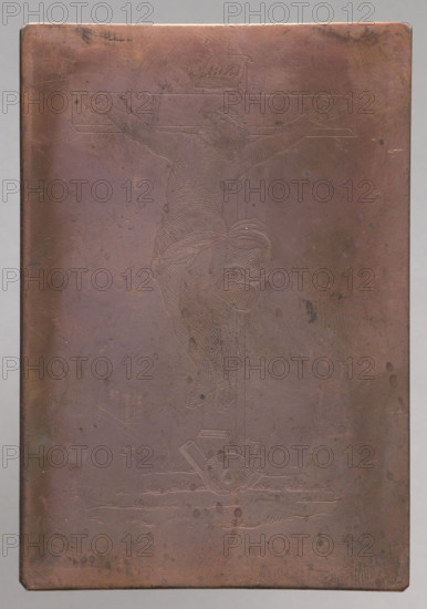 Recto: Crucifixion; verso: Tondo with the image of a bust of a man in a tunic. The image belongs to a series of graphic compositions depicting images that are objects of cult, mostly made by anonymous engravers, often in monastery engraving workshops. Dates: recto 1790–1820; verso after 1700. Medium: graphic plate (graphic matrix). Dimensions: height 9.8 cm, width 6.8 cm.