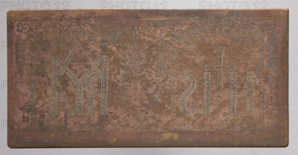Monogram of Christ (IHS) and Mary (MARYA), Jan Nikodem Lopacinski (1747–1810), graphic artist. Two tied monograms: IHS MARYA on one plate. Both compositions in identical rectangular frames entwined with a ribbon tied with a bow at the top center; next to the bows are garlands of flowers. Monograms placed next to each other, separated by a vertical line. Copperplate engraving, partially stippled (ribbon, leaves). Belongs to a series of graphic compositions depicting devotional images, objects of worship—most made by anonymous engravers, often in Vilnius monastery engraving workshops. Dated ca. 1790–1810. Engraving (graphic matrix/plate), height 10.9 cm, width 5.4 cm.