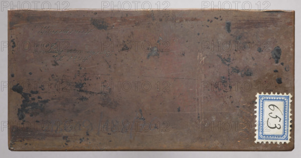 Monogram of Christ (IHS) and Mary (MARYA), Jan Nikodem Lopacinski (1747–1810), graphic artist. Two tied monograms: IHS and MARYA on one plate. Both compositions in identical rectangular frames entwined with a ribbon tied with a bow at the top center; next to the bows are garlands of flowers. Monograms placed next to each other, separated by a vertical line. Copperplate engraving, partially stippled (ribbon, leaves). Part of a series of graphic compositions depicting devotional images; many such works were made by engravers in Vilnius monastery workshops. Dated circa 1790–1810. Engraving, graphic matrix/plate; height 10.9 cm, width 5.4 cm.