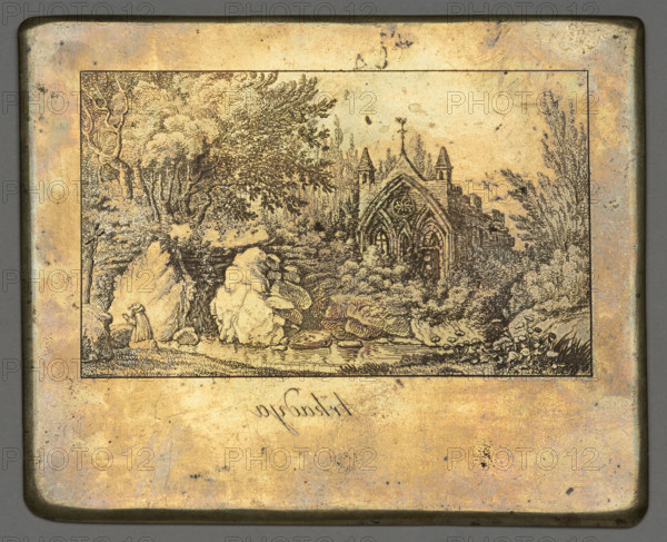 Arkadya, Dietrich, Fryderyk Krzysztof (1779–1847), graphic artist; landscapes, prayer (genre scenes), forest landscapes, Arkadia (Lódz Voivodeship), crucifixes, garden architecture, monks, staffage, parks (gardens), neo-Gothic, English parks. View of the Gothic House in Arkadia near Nieborów. Illustration for the magazine Gabinet Czynia is a collection of novels, romances and articles devoted to science and entertainment, Warsaw, 1835, volume II, plate between pages 40 and 41; ca. 1835. Graphic plate; height 10.5 cm, width 12.8 cm., A rectangular metal plate with a recessed central panel contains an engraved landscape scene surrounded by a thin border. The panel shows a detailed depiction of trees with textured foliage, rocky outcrops, and a body of water at the foreground; a gothic-style building with arched windows and pointed turrets sits partially obscured by bushes and trees toward the right; a small human figure in simple clothing kneels near the rocks at the left edge of the sce...