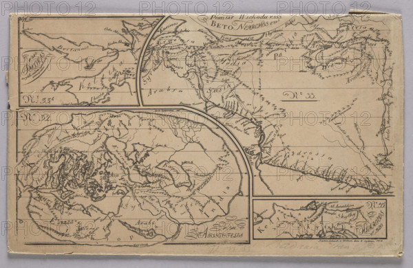 Graphic matrix with maps marked with numbers 32, 33, 33b and 33c made for the Atlas to J. Lelewel of Antiquity Research in Respect of Geography; Lelewel, Joachim (1786–1861), graphic artist; Gieysztor, Helena (1859–1934), illustrations; maps, world maps, 1818, Vilnius; graphics, graphic plate; height 19.7 cm, width 32.5 cm, A vintage printed map sheet on aged beige paper with dark brown ink lines and markings, showing several inset map panels separated by bold curved and straight borders; the sheet has a worn paper edge and small tears along the left and bottom margins, and faint creases and spots across the surface. The map panels contain hand-drawn coastlines, mountain-like hachures, river-like branching lines, and numerous small scribble-like markings representing geographic details. There are several small framed map inserts including one narrow horizontal panel at the top left, a large curved-central panel, and a rectangular panel at the lower right. The overall palette includes b...