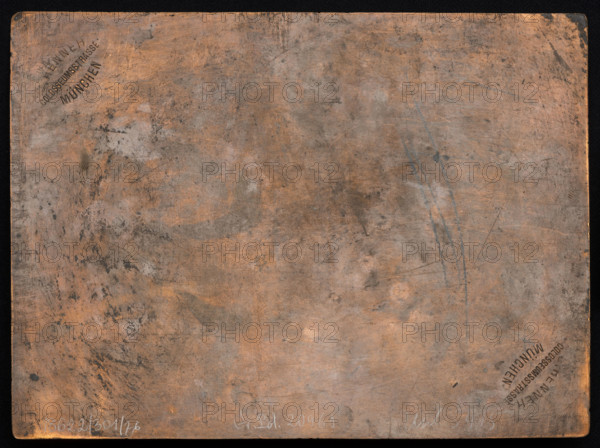 Artillery exercises; Lopienski, Ignacy (1865–1941), graphic artist; artillery, army; ca. 1930; graphic plate; height 19.9 cm, width 26.9 cm, A worn rectangular metal plate with an overall mottled surface showing shades of copper, brown, gray, and hints of black, with areas of darker smudging and lighter scuffing; the plate has rounded corners and a thin dark border along the edges, and there are several curved and straight scratches and faint streaks across the surface including a few bluish-gray marks; near two opposite corners there are circular stamped impressions and a few small dark spots and blemishes scattered across the plate.