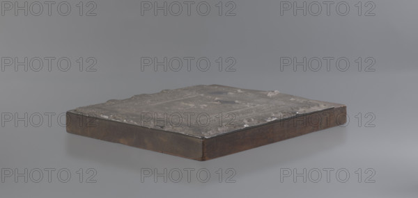 Blessing of the Infant Jesus; graphic artist; Infant Jesus making a blessing gesture; borders and garlands (ornament); after 1850; steel matrix graphic plate; plate dimensions: height 21.4 cm, width 17.4 cm, thickness 0.4 cm; total including block: height 21.5 cm, width 17.3 cm, thickness 2.3 cm.