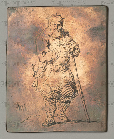Beggar with a Stick, Plonski, Michal (1778–1812), graphic artist; Witke-Jezewski, Dominik (1862–1944); beards (facial hair); human types; old men; character studies; beggars; sticks; paupers; male character studies; 1802; Amsterdam; graphic; graphic matrix; graphic plate; height 7.2 cm; width 5.8 cm, A copper-toned rectangular metal plate with a sketched line drawing of an elderly bearded man leaning on a long staff, the man depicted wearing layered loose clothing and boots, standing on a simple ground line; the plate shows mottled areas of darker and lighter copper with greenish patina spots and subtle iridescent bluish-green and grayish smudges near the edges, and a narrow gray border around the plate.