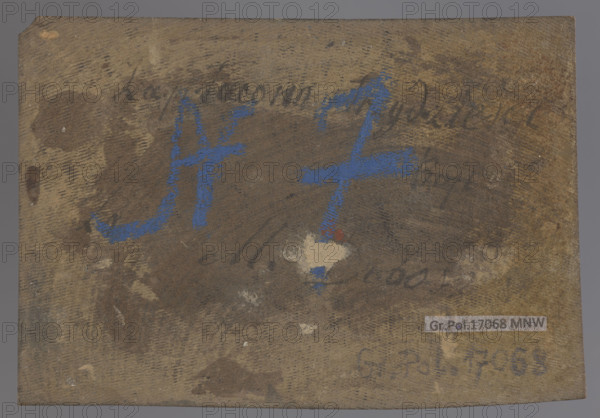 Carriage wagonette; Aleksander Maj (1883–1952), graphic artist; carriages; illustrations; after 1900; Warsaw; woodcut block; height 8.5 cm, width 12.5 cm, thickness 2.3 cm, A worn rectangular wooden panel with a textured grain surface showing a mix of brown and tan tones, darker brown patches and smudges, and areas of lighter beige wear; prominent broad strokes of bright blue pigment form bold marks across the center; a small spot of white paint with a tiny speck of red is near the middle; faint darker scribbles and smudges are visible beneath and around the blue marks; the surrounding border shows muted gray and brown edges and scattered tiny white flecks.