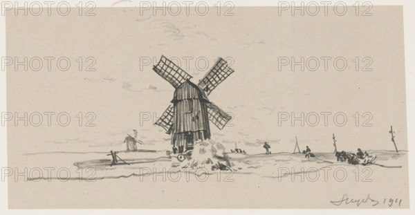 Windmill II, Leon Wyczólkowski (1852–1936), graphic print, 1911. Autolitographs and Autoengravings; chine collé (grayish Chinese paper glued onto thin white cardboard with slight sheen), chine appliqué; drawing made with soft chalk, sharp tip and flat. Subject: windmills, rural Ukrainian landscape—village, town as linear cluster of roofs, contrasts of foreground strips of dynamically shaded transparent clods of earth and soft gray painterly meadows with patches of trees. Effects: bolder accents, mobile shadows; emphasis on foreground that became characteristic of Wyczólkowski. Height 13 cm, width 28 cm. Publisher: Aureliusz Pruszynski (Kraków; artistic studio; 1873–post 1930).