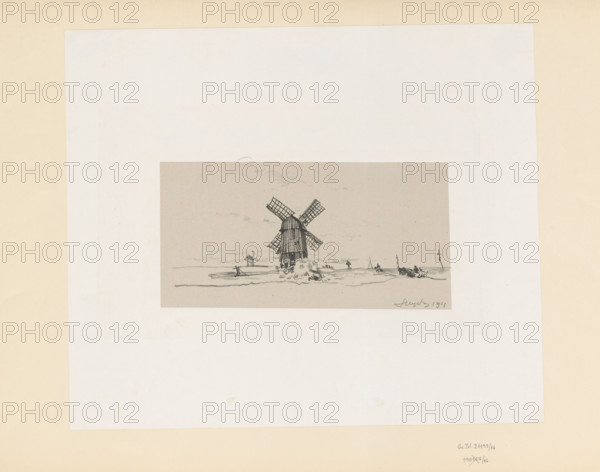 Windmill II, Wyczólkowski, Leon (1852–1936); graphic artist; Pruszynski, Aureliusz (artistic studio; 1873–post 1930), publisher. Windmill II, Ukrainian Portfolio 19. Autolitografij i Autoalgrafij (Kraków 1912). Chine collé (china appliqué — grayish Chinese paper glued across its entire surface onto thin white cardboard with a slight sheen). Graphic print, 1911. Technique: drawing made with soft chalk, sharp tip and flat. Subject: windmills; rural landscapes; village; Ukrainian town — town depicted as a linear, shadowless cluster of roofs surrounded by a soft gray painterly surface of meadows with patches of trees; foreground formed by a strip of dynamically shaded, transparent clods of earth marked flat with chalk. Dimensions: height 13 cm, width 28 cm. Inscription/signature indicates work begun in 1911. Notes: lamination shows a delicate outline of the plate impression visible on the left side. Muszanka pp. 35: 'The effects are bolder, the accents are stronger, the shadows more mobile...