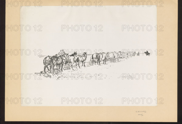 Orka, Wyczólkowski, Leon (1852-1936), graphic artist; Pruszynski, Aureliusz (Kraków; artistic studio; 1873–post 1930), publisher. Subject: horses, riders, rural landscapes, village, agriculture, harrows (agricultural tools), Ukraine, Poland. Work: Ukrainian Portfolio 19. Autolitografij i Autoalgrafij (Kraków 1912). Medium/technique: Drawing made with soft chalk; lithograph printed directly on thin white cardboard with a slight sheen (lamination). Date: 1911 (Wyczólkowski began work on the Portfolio in 1911; date next to signature). Style/notes: Polish graphics; quoted commentary on technique and compositional effects describing bold accents, mobile shadows, emphasis on foreground with dynamically shaded, transparent clods of earth, contrast of linear, shadowless town against soft gray painterly meadows. Format: graphic print; height 10.3 cm, width 48.4 cm.