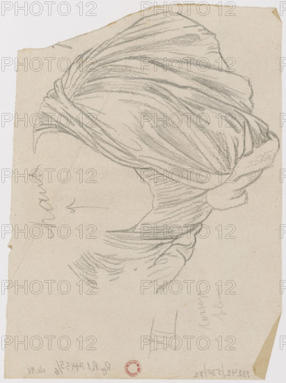 Sketch of garments (female figure VII), drawing for Zwierciadlo Venery; draughtsman: Feliks Stanislaw Jasinski (1862–1901); original painter: Edward Burne-Jones (1833–1898). Auxiliary preparatory drawing for an engraving, provided with the artist's notes. The work documents Jasinski’s reproductive process: making drawings from a photograph onto a celluloid plate, printing them on varnish over a copper plate and etching; drawings and tracings with notes and color descriptions guided later stages (subsequent etchings and use of styluses, needles, etc.). Engraving work on the series began 1893; Jasinski worked on the principal engraving from November 1894 until its completion and stamping on July 29, 1896. Publisher: Tooth & Sons, London; engravings printed in Paris by Alfred Salmon and Adolphe Ardail; prints published on vellum in an edition of 400. Jasinski received a gold medal in Paris in 1900 for the series. Date: 1893–1896. Medium: drawing. Dimensions: height 22.7 cm, width 16.7 cm....