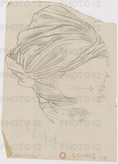 Sketch of garments (female figure VII), drawing for Zwierciadlo Venery; draughtsman: Feliks Stanislaw Jasinski (1862–1901); painter (author of the original): Edward Burne-Jones (1833–1898). Auxiliary sketch for the engraving, made from his own drawing or a color photograph, provided with the artist's notes. One stage in the work on the graphic reproduction. Jasinski's method: making drawings from a photograph of the painting onto a celluloid plate, printing them on varnish over a copper plate and etching them; drawings and tracings, with notes and color descriptions, guided subsequent etchings and use of styluses/needles. The engraving was started in November 1894 and completed July 29, 1896; Jasinski worked on it for nearly two years. Publisher: Tooth & Sons, London; engravings printed by Alfred Salmon and Adolphe Ardail, Paris; prints published on vellum in an edition of 400. Jasinski received a gold medal in Paris in 1900 for the series. Date: 1893, London. Medium: drawing. Dimensio...