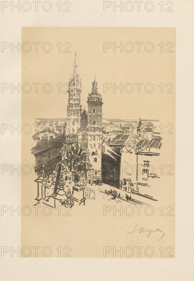 Church of the Virgin Mary, Wyczólkowski, Leon (1852–1936), graphic artist; Cotty, Jan (printing house and lithographic plant; 1863–1939), publisher; Warsaw Artistic Society (publishing house; 1899–ca. 1918), publisher. St. Mary’s Church (Kraków). Kraków, 1915. Poland; churches (architectural); Kraków (Lesser Poland Voivodeship); architectural views; Polish graphics. Drawing made with the sharp end of the chalk, shadows and further plans with the side of the chalk. The same composition was repeated in plate no. 11—made with pen and ink. Thick, stiff, directional, chalked paper. Graphic print, height 20.1 cm, width 17.0 cm.
