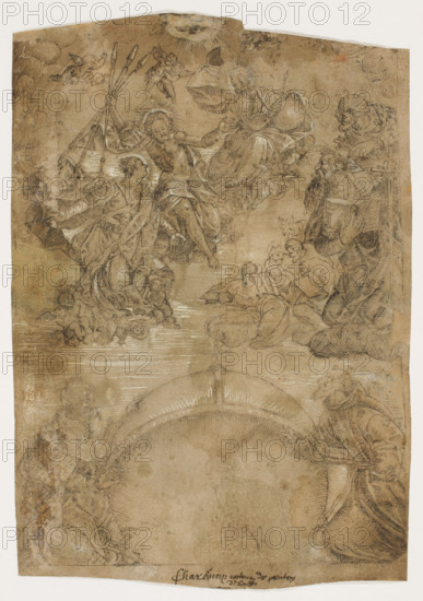The Triumph of Neptune; Scaramuccia, Luigi Pellegrino (1616–1680), draughtsman (after); Greuter, Johann Friedrich (1590–1662), draughtsman (after); Reni, Guido (1575–1642), painter (after); Codex Bonoli; Tyszkiewicz, Benedykt (1904–1956); Italian drawings; Neptune (myth.); mythological scenes; triumphs; Reni, Guido (1575–1642); putti; contre-epreuve; copies (imitations); filigrees; Bonola, Giorgio (1657–1700); 2nd half of the 17th century; Italy; drawing; height 26.7 cm; width 23.2 cm