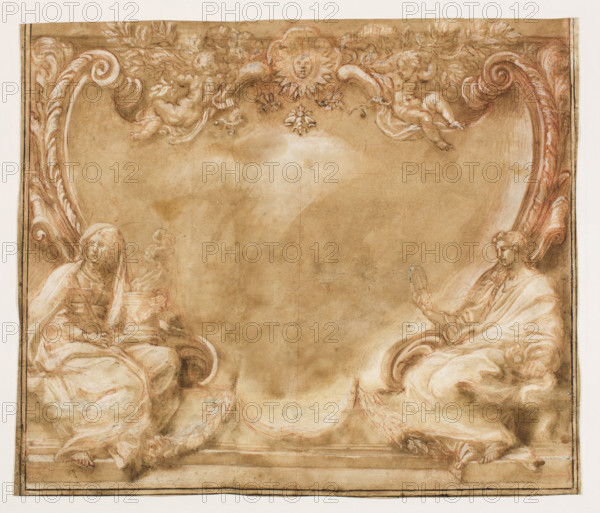 Allegory of the Catholic Faith; draughtsman: Carlo Maratti (1625–1713); painter: Pietro da Cortona (1596–1669); Bonola Codex; subjects: allegories, Faith (personification), saints, chalices, hosts, angels; Bonola, Giorgio (1657–1700); 2nd half 17th century, Rome; drawing; height 31.5 cm, width 45.7 cm.