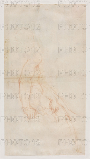 St. Sebastian and St. Catherine, Morazzone (1573–1626), draughtsman; Bonola Codex; Catherine of Alexandria (St.; ca. 282–ca. 300); Sebastian (St.; ?–ca. 287); saints; angels; designs, painting designs; Bonola, Giorgio (1657–1700); inscription at bottom left in Bonola's pen handwriting: 'Morazzone'; 16th/17th century, Lombardy; drawing; height 34.8 cm, width 26 cm.