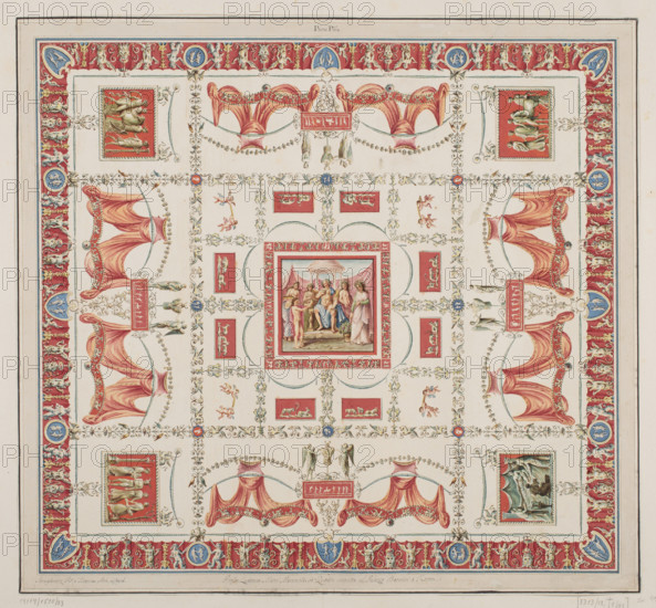 Sciographia trium templorum veterum; Francesco Piranesi (1758–1810), engraver; title page; temples; ancient temples in Rome, Italy; ancient architecture; 1780; print; 57 cm × 83.6 cm, A decorative square panel with an ornate border in red, blue, gold, and cream surrounding a central scene, featuring a framed square painting in the middle showing a group of figures dressed in garments of soft pink, blue, green, and beige beneath a canopy; the area around the central painting is divided into a grid of cream panels embellished with gold scrollwork, small ornamental motifs, and rectangular red panels containing decorative elements. Around the grid are repeated draped canopy motifs in shades of red and pink with gold detailing, paired with small ornamental figures and garlands in gold and green. The outermost border is richly decorated with a continuous red band containing medallions in blue and white, small gold figures, and ornamental flourishes; in the four corners there are framed vigne...