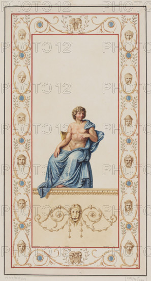Vestigia delle Terme di Tito. Philosopher. Quadro from the wall decoration in room 15. Carlone, Marco (1742–1796), engraver; Smuglewicz, Franciszek (1745–1807), draughtsman; Mirri, Ludovico (1738–1786), publisher. Ancient architecture, Rome; traces of decoration; Socrates (469–399 BC); Roman; philosophers; Golden House of Nero (Rome); Baths of Titus (Rome); grotesques (ornament). Vestigia delle Terme di Tito, 1776 — illustration, Italian graphic, colored graphic print. Board marked no. 35, in graphic album page 54. Rome. Height 57.3 cm, width 30.6 cm.