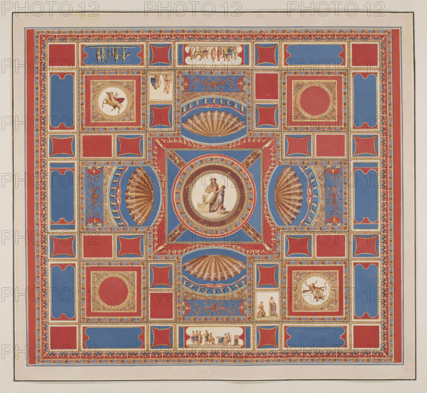 Vestigia delle Terme di Tito. Decoration of the vault called in fondo nero a grottesco, in room 23. Marco Carlone (1742–1796), graphic artist; Franciszek Smuglewicz (1745–1807), draughtsman; Vincenzo Brenna (1741–1820), draughtsman; Ludovico Mirri (1738–1786), publisher. Subject: ancient architecture — traces, traces of decoration; Nero's Golden House (Rome) / The Baths of Titus (Rome); grotesques (ornament). Title: Vestigia delle Terme di Tito, 1776 — illustration. Italian graphic art; antiquity; archaeology. Colored graphic print; board marked no. 55, in the graphic album page 40. Dimensions: height 51.9 cm, width 56.1 cm., A square decorative panel with a symmetrical grid of rectangular and square compartments featuring ornamental motifs and small figurative medallions, dominated by red and blue color blocks with gold detailing and beige accents; a central circular medallion shows two seated figures in beige and muted pink tones surrounded by concentric decorative bands in blue, red...