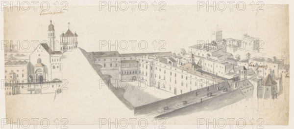 Innsbruck - Hofburg and Hofkirche from a bird's eye view, Ouden Allen, Folpert van (1635–1715), draughtsman, ca. 1690, Innsbruck, drawing, height 19 cm, width 45.6 cm; former German property.