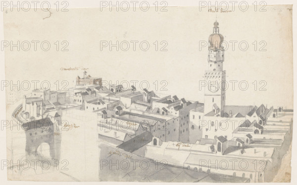 Innsbruck — Town Hall and Stadtturm from a bird's-eye view, Folpert van Ouden Allen (1635–1715), Desserts originaux (album), ca. 1690, drawing, filigree (snake in a crown) inscription, height 23.8 cm, width 39.2 cm, Innsbruck (Austria).