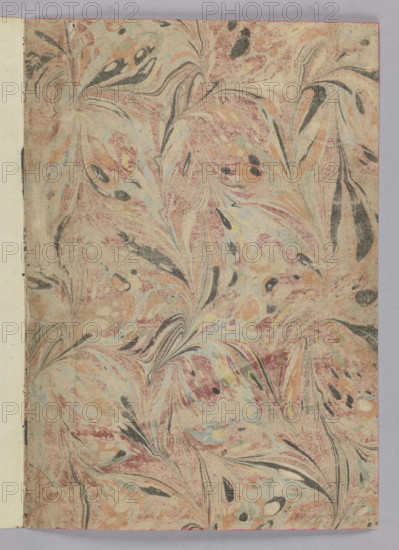The most important works of art from the Venetian Antique School, the most modern and innovative, the most prestigious publications, the most prestigious title, 1429–1507; artists listed: Tiepolo, Giovanni Battista (1696–1770); Bellini, Giovanni (1431/1436–1516); Tintoretto, Jacopo (1519–1594); Veronese, Paolo (1528–1588); Palma, Jacopo il Giovane (ca. 1548–1628); Tiziano Vecellio (ca. 1488–1576). Vignettes (decorations), frames; thematic keywords: painting, Italian painting, Venetian painting; objects/works: portraits, male portraits. Date: 1787, Venice. Old print. Height 32.5 cm, width 22.5 cm., A marbled paper pattern fills the surface with swirling, featherlike shapes and curving streaks. The colors visible include muted pinks and reds, pale blues, soft yellows, beige, cream, and dark gray or black accents. The pattern shows flowing, organic forms with teardrop and plume motifs, areas of fine speckling, and layered washes of color that blend into one another. Along one edge there i...