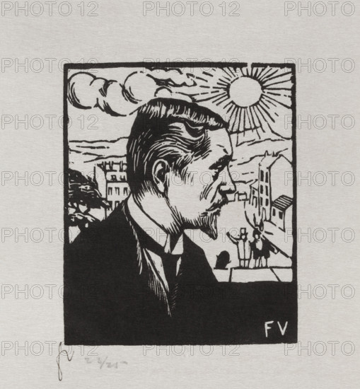 Self-portrait against the background of a Lausanne landscape, Félix Vallotton (1865–1925). Graphic print (dry stamp), matrix and first prints 1891; posthumous edition 1925. Height 14.0 cm; width 12.5 cm. Subject: self-portrait; portrait of an artist; male portrait; landscape. Maker: Vallotton, Félix.