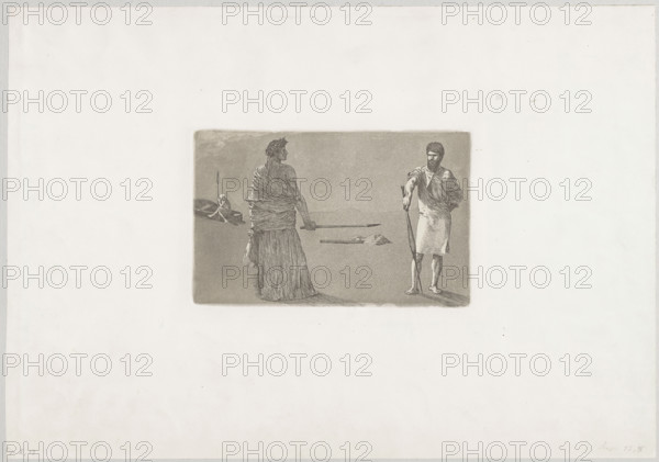 Satire/Conclusion; pl. 13; The Rescue of Ovid's Victims, Op. II; publisher: Theodor Stroefer (1843–1927); printing house: Zehl, Theodor Junior (fl. ca. 1870–1918); artist: Max Klinger (1857–1920); subject: Ovidius Naso, Publius (43 BC–ca. 17) — Metamorphoses; satire; graphic; motifs: self-portraits, Charon (myth.), fight, duels; date: 1879; medium: graphic; dimensions: height 13.3 cm, width 20.5 cm.