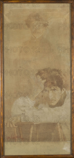 Double Self-Portrait, Leon Kaufmann (Kamir; 1872–1933). 1900. Drawing, pastel; 105 × 47.5 cm. Depicts a 'double' self-portrait reflecting late-19th-century decadent spirit: an artist torn between creative fulfillment and an inability to act. A seated, melancholic Kaufmann is shown with an ironically smiling double standing behind him—two halves of a soul, one sardonic and cynical. Kaufmann left an unsketched strip of exposed cardboard at the bottom as a compositional element and placed the signature above that empty area to avoid dominance. The drawing was incised with a thin line using the sharp end of a stick on a delicate ground of pastel; shadows and highlights were applied with thicker colored crayon to produce a painterly effect. The warm color range is integrated by the color of the exposed or translucent cardboard.
