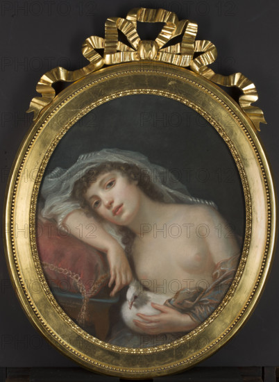 Girl with a Dove (Allegorical portrait of Rozalia Lubomirska née Chodkiewicz?), by Anna Rajecka (ante 1762–1832). Pastel, France, ca. 1789–1790. Subject: female portrait/allegorical portrait of Rozalia Lubomirska (1768–1794) holding a dove; includes pigeons/birds, nudity/partial nude elements, and animal motif. Style: French pastel portraiture; dimensions 64 × 53 cm. Inscriptions/attributions: references to Stanislaw August Poniatowski (King of Poland, 1732–1798) and Józef Antoni Poniatowski (1763–1813) noted in association; iconography and provenance relate to Polish aristocracy.