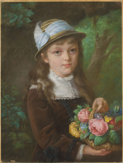 Portrait of a Girl with a Basket of Flowers (Portrait of Maria's Daughter?), Pinko, Hipolit (1836–1901), painter; subject: girl with a basket of flowers (portrait of Maria's daughter?), headgear/hats; sitter: Bukowinska, Maria (1872–1911) — iconography; Polish; pastel; dated 1878; height 63 cm, width 49 cm; portraits of children, children, portraits, girls, flowers, baskets.