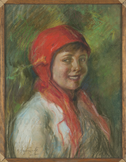 Girl, Gajewski-Ostoja, Miroslaw (1867–1931), painter — portraits of children, Poland. The pastel depicts a laughing girl in a red scarf against a green background. The background colors and composition of the work are somewhat reminiscent of 'Portrait of a Blonde' (1927), which Gajewski dedicated to Gustaw Danilowski, a writer and socialist activist. KP, after 1920, pastel, height 56 cm, width 43.5 cm