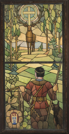 St. Hubert, stained glass design, Jan Feliks Bogucki (1886–1955), painter; Saint Hubert (ca. 655–727); stained glass; stained glass design with coats of arms (Krzywda); Poland, before 1939; drawing and watercolor; height 185 cm, width 89.5 cm