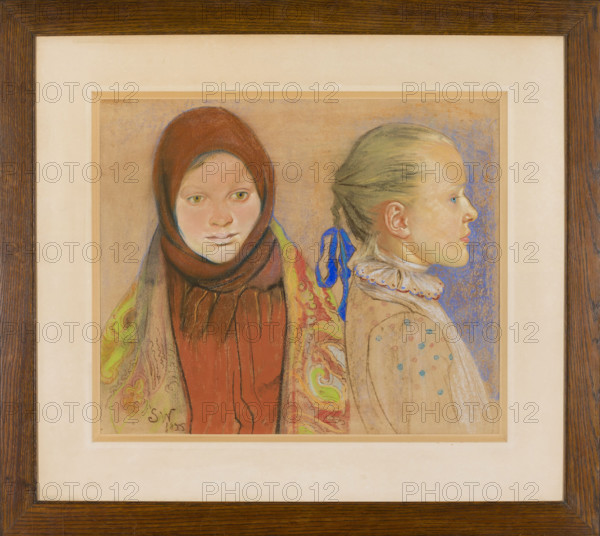 Portrait of two girls, Wyspianski, Stanislaw (1869-1907), painter, portraits of children, allegories, Young Poland (style), Poland, Polish painting, ethnography, portraits, girls, double portraits, filigrees, 1895, pastel, drawing, in the light of the passe-partout: height 46.3 cm, width 54.5 cm